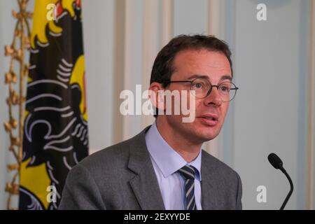 Der flämische Wohlfahrtsminister Wouter Beke im Bild während einer Pressekonferenz der flämischen Regierung über das Impfprogramm in Flandern Stockfoto