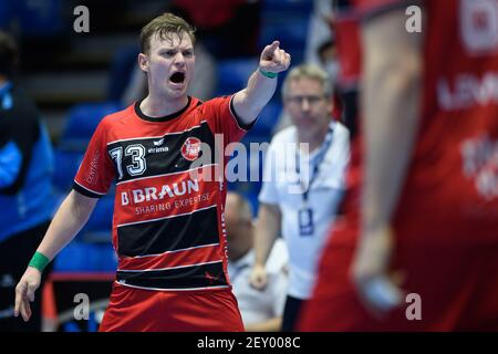 Kassel, Deutschland. März 2021, 04th. Handball: Bundesliga, MT Melsungen - HC Erlangen, Matchday 20 in Rothenbach-Halle. Melsungen Timo Kastening Gesten. Quelle: Swen Pförtner/dpa/Alamy Live News Stockfoto