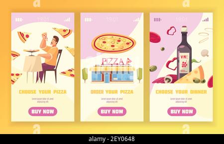 Drei Pizza vertikale Banner-Set mit wählen und bestellen Sie Ihre Pizza und wählen Sie Ihre Abendessen Beschreibungen Vektor Illustration Stock Vektor