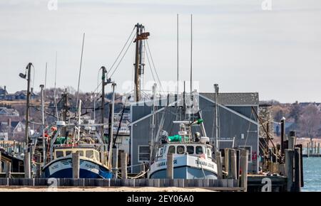 Landschaft mit Fischerbooten an den Docks, Star Island, Montauk, NY Stockfoto