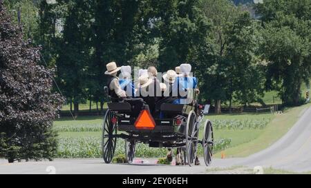 Ein offenes Pferd und Buggy mit einer ganzen Amish Familie Unterwegs an einem sonnigen Sonntag Stockfoto
