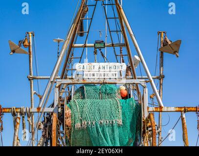 Nahaufnahme des Fischerbootes Saint Anthony in Montauk, NY Stockfoto