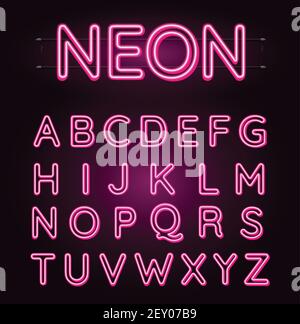 Neonrosa Schrift Vektor Illustration. Pinke Neon-Buchstaben. Leuchtende Alphabete. Stock Vektor