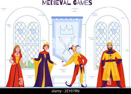 Mittelalterliche Königreich Gericht Narr in Narren Hut unterhaltsam Monarch Jonglieren Woking flach bunte königliche Zeichen Vektor-Illustration Stock Vektor