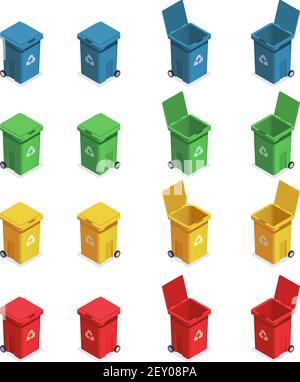 Abfallrecycling isometrischer Satz mit sechzehn isolierten Bildern von Mülltonnen mit verschiedenen Farbcode-Vektor-Illustration Stock Vektor