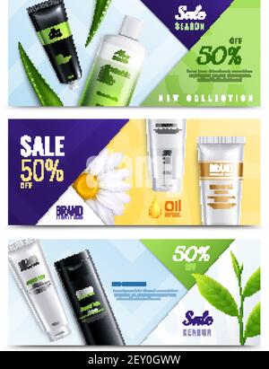Drei horizontale Bio-Kosmetik Zutaten realistische Banner-Set mit Verkauf Saison neue Kollektion Beschreibungen Vektor Illustration Stock Vektor
