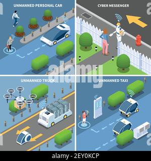 Autonomes Auto fahrerloses Fahrzeug Roboter Transport isometrischen 2x2 Design-Konzept Mit futuristischen Autos Drohnen und Menschen Vektor Illustration Stock Vektor