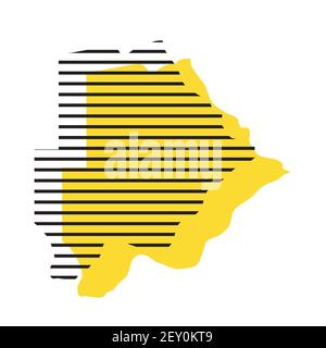 Botswana - gelbe Landsilhouette mit verschobenen schwarzen Streifen. Design im Stil von Memphis Milano. Flache Vektorkarte. Stock Vektor