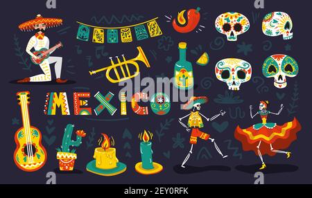 Mexikanische Dia muertos Tag tot Symbole Attribute bunt gesetzt mit tanzende Skelette Zucker Schädel Masken Vektor-Illustration Stock Vektor