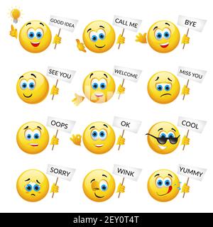 Set aus gelben Emoticons und Emojis. Vektorgrafik in realistischer Nahaufnahme Stock Vektor