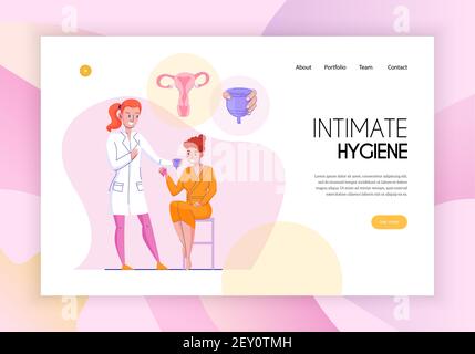 Feminine intime Hygiene Konzept Web-Seite flach horizontal Banner mit Medizinische Assistenten Produkte Anwendung Beratung Vektor Illustration Stock Vektor
