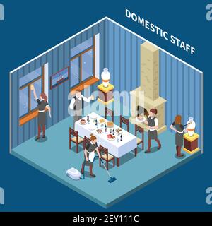 Home Personal isometrische Zusammensetzung mit Wohnzimmer und menschlichen Charakteren Von Hausangestellten und Hausangestellten Vektor-Illustration Stock Vektor