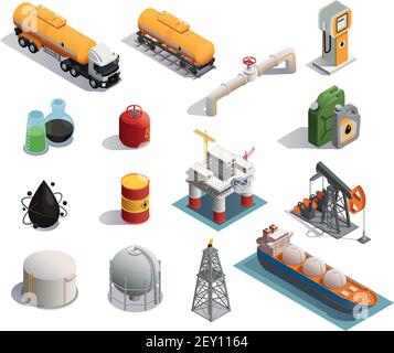 Isometrische Symbole für die Ölindustrie mit Raffinerieextraktionsanlage Produkte Transport Tanker Pipeline isoliert Vektor Illustration Stock Vektor