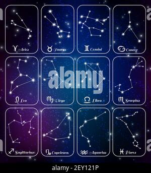 Astrologie Horoskop Sternzeichen Sterne Sternbilder 12 Mini Banner Karten Dunkelblaue Hintergrunddarstellung für isolierte Vektorgrafik festlegen Stock Vektor