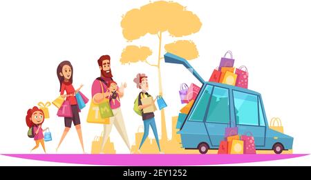 Familien Aktivurlaub Eltern und Kinder während der Autoverladung durch Käufe Cartoon Vektor Illustration Stock Vektor