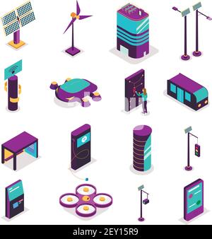 Isometrische Smart City-Technologie Satz von isolierten Symbolen mit Terminals Und futuristische Geräte mit Kraftwerken Vektordarstellung Stock Vektor