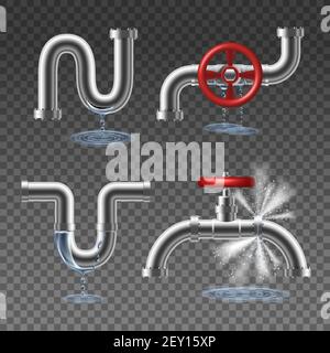 Pipeline platzen und Tropfen und Spritzer Wasser realistisch 2x2 Designkonzept isoliert auf transparenter Hintergrundvektordarstellung Stock Vektor