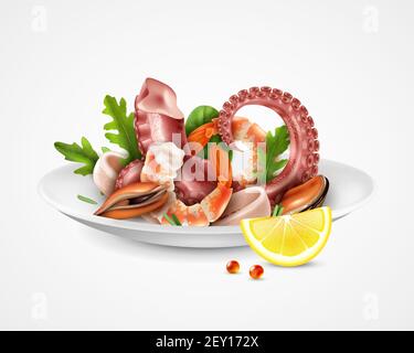 Meeresfrüchte Cocktail Servierplatte realistische Nahaufnahme Bild mit Garnelen Muscheln octopus Tentakeln Tintenfisch Scheiben Rucola Vektor Illustration Stock Vektor