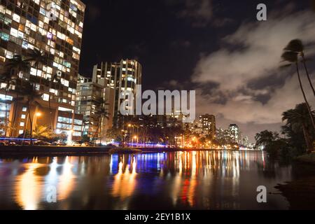 Waikiki Gebäude Hotels Palmen Architektur Kapahulu Avenue Ala Wai Canal Stockfoto