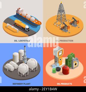 Öl Produktion Logistik Raffinerie Anlage 4 isometrische bunte Hintergrund-Icons Quadratische Petroleum Industrie Konzept isoliert Vektor-Illustration Stock Vektor