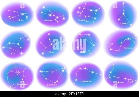 Astrologie Sternzeichen 12 bunte Sterne Sternbilder Diagramme Elemente mit Krebs skorpion jungfrau löwe isolierte Vektor-Illustration Stock Vektor