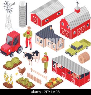 Isometrisches Set mit landwirtschaftlichen Gebäuden Ausrüstung Haustiere und Pflanzen Isoliert auf weißem Hintergrund 3D Vektorgrafik Stock Vektor