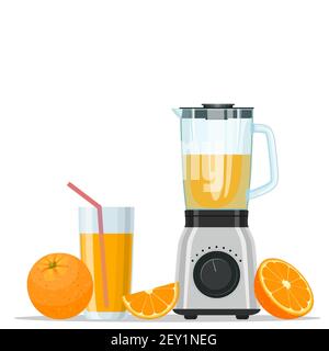 Fruchtsaftpresse oder Mixer Küchengerät. Orangensaft im Glas und Obst Stock Vektor