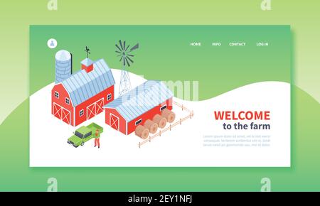 Isometrisches Farm horizontales Banner Website-Design mit bearbeitbarem Text anklickbar Bildunterschriften und Bilder von Gehöft Gebäude Vektor-Illustration Stock Vektor