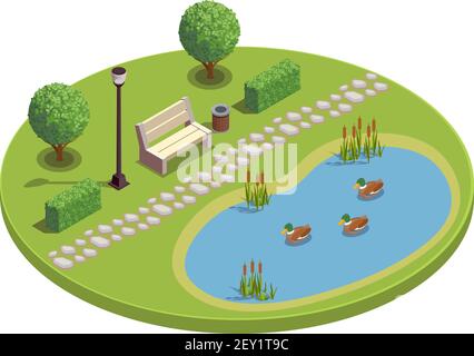 Stadtpark Erholungsgebiet rund isometrisches Element mit Bank Bäume Sträucher Teich Pflanzen Schilf Entlein Vektor-Illustration Stock Vektor