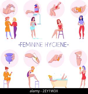Feminine Hygiene-Produkte Verfahren flach informative Kompositionen mit Haut gesetzt Massage Fortpflanzungsorgane Gesundheit Pflege Vektor Illustration Stock Vektor