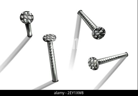Eisennägel in die Wand gehämmert, gerade Stahlspitzen mit Kreiskopf. Vektor realistische Satz von Metallstiften, Hardware-Hobnails, Zimmerei und Bauwerkzeuge isoliert auf weißem Hintergrund Stock Vektor