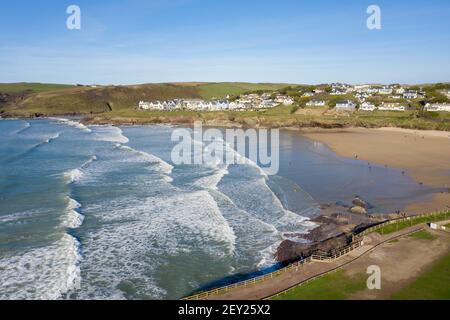 Luftaufnahme von Polzeath Beach, North Cornwall Stockfoto