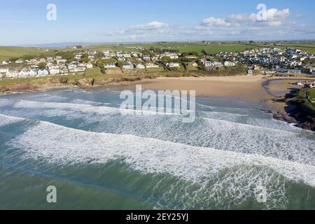 Luftaufnahme von Polzeath Beach, North Cornwall Stockfoto