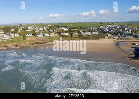 Luftaufnahme von Polzeath Beach, North Cornwall Stockfoto