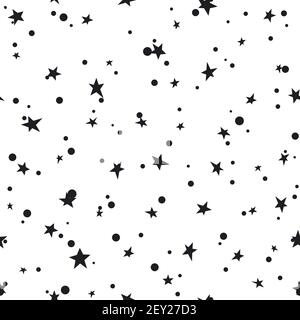 Nahtloses abstraktes Muster mit schwarzen handgezeichneten Shabby Stars auf weißem Hintergrund. Vektorgrafik schwarz-weiß. Cosmos Textur für Papier, Wrapp Stock Vektor