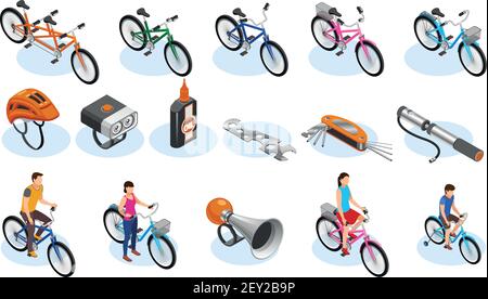 Fahrrad isometrische Symbole Set mit Werkzeug Zubehör und verschiedene Arten Von Fahrrädern Vektordarstellung Stock Vektor