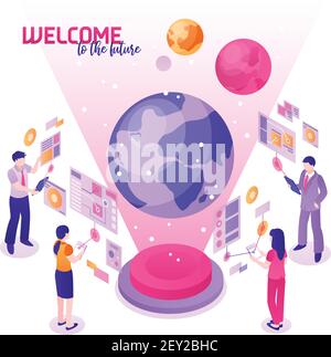 Isometrisches buntes Konzept mit Menschen, die zukünftige Hochtechnologien nutzen 3D vektorgrafik Stock Vektor