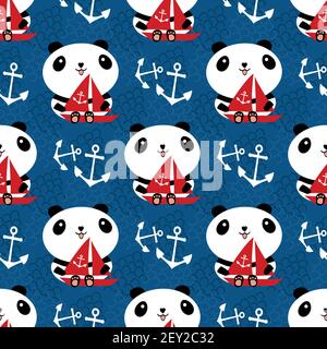 Süßer Kawaii Panda mit Segelbooten und Ankern. Nahtloser Hintergrund für Vektormuster. Cartoon Bären halten rote Yachten von Segelgeräten umgeben auf Stock Vektor