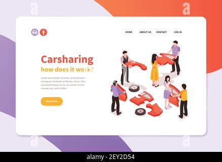 Isometrisches Car-Sharing-Konzept Banner mit Menschen halten Autoteile 3D Vektorgrafik Stock Vektor
