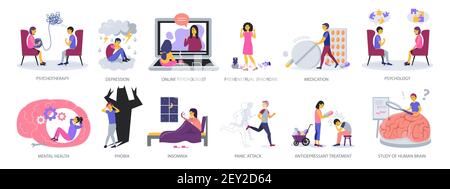 Set von Psychotherapie und Psychologie Konzepte auf weißem Hintergrund, flache Design Vektor-Illustration Stock Vektor