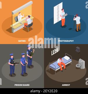 Prison Jail Concept 4 isometrische Kompositionen mit Besucherbereich Polizei Foto Wachen verhaftet kriminellen Vektor Illustration Stock Vektor