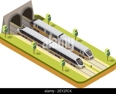 Schienenbus und Hochgeschwindigkeitszug, der in den Eisenbahntunnel einfährt Unter Viadukt Brücke isometrische Zusammensetzung Vektor Illustration Stock Vektor