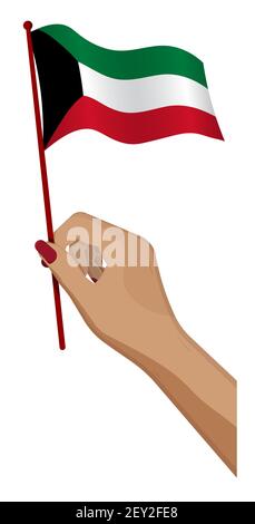 Weibliche Hand hält sanft kleine Kuwait Flagge. Design-Element Urlaub. Cartoon-Vektor auf weißem Hintergrund Stock Vektor