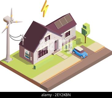 Grüne erneuerbare Energieerzeugung für den Eigenverbrauch isometrische Zusammensetzung mit Vektor-Illustration für Wind- und Solarstromgeneratoren Stock Vektor
