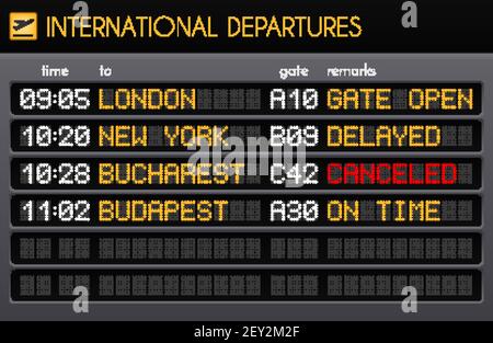 Elektronische Flughafenboard realistische Zusammensetzung mit internationalen Abflugzeiten Gates Und Anmerkungen Beschreibungen Vektor Illustration Stock Vektor
