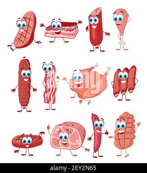 Set von Funny Meat Products auf weißem Hintergrund, lustige Charakter-Sammlung, flache Vektor-Illustration Stock Vektor