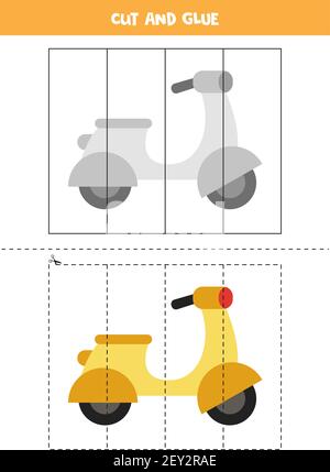 Schnitt und Kleber Spiel für Kinder mit Cartoon Moped. Schneidpraxis für Vorschulkinder. Stock Vektor