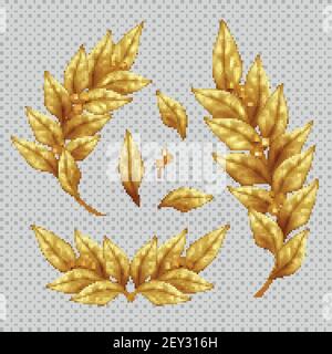 Realistisches Set aus goldenen Lorbeerbästen und Blättern auf transparent Hintergrund isoliert Vektor Illustration Stock Vektor