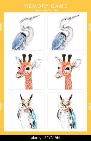 Memory-Spiel mit handgezeichneten Aquarell-Illustrationen von bunten Tieren. Kinder spielen Karten Tischspiel. Schneiden und spielen, finden Sie zwei identische Bilder. Stockfoto