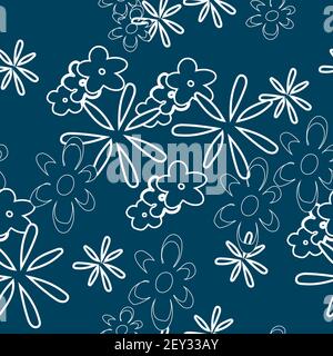 Vektor tief blau Hintergrund weiß umreißt Gänseblümchen Kamille Blumen Muster, nahtlose Muster Hintergrund. Stock Vektor